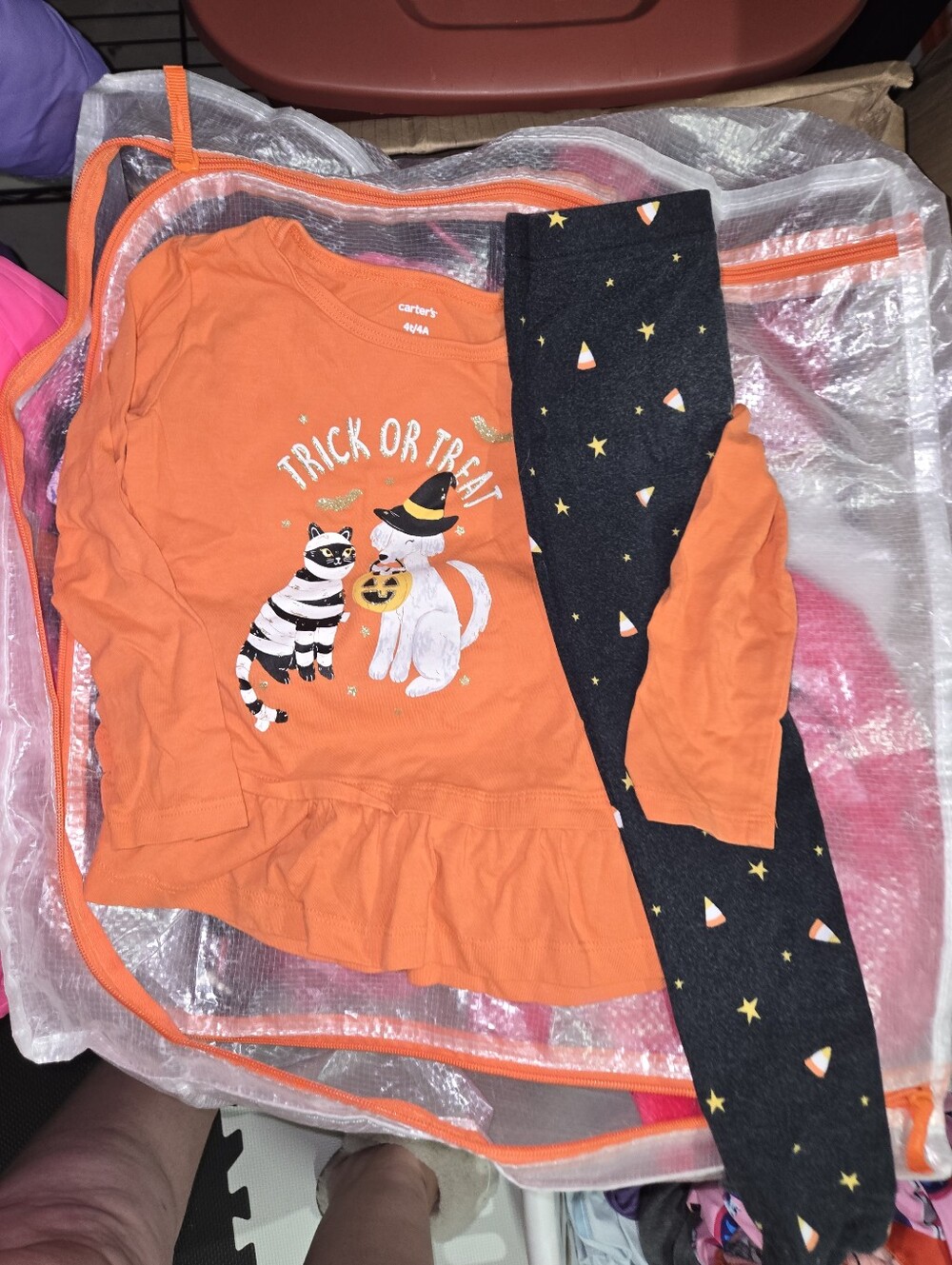 Carter's Orange Halloween Cat Ruffle Top with Black Candy Corn Leggings